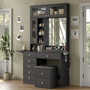 Makeup Vanity Desk with Mirror, Lights, Drawers, Stool & Storage  Wooden Bazar