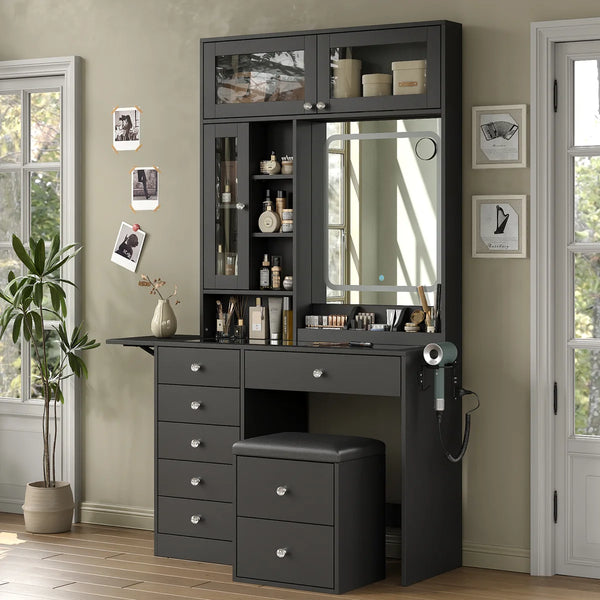 Makeup Vanity Desk with Mirror, Lights, Drawers, Stool & Storage  Wooden Bazar