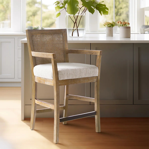Jennette Reclaimed Natural Solid Wood Counter Stool with Cane Back  Wooden Bazar