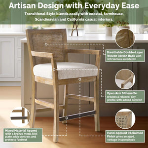 Jennette Reclaimed Natural Solid Wood Counter Stool with Cane Back  Wooden Bazar