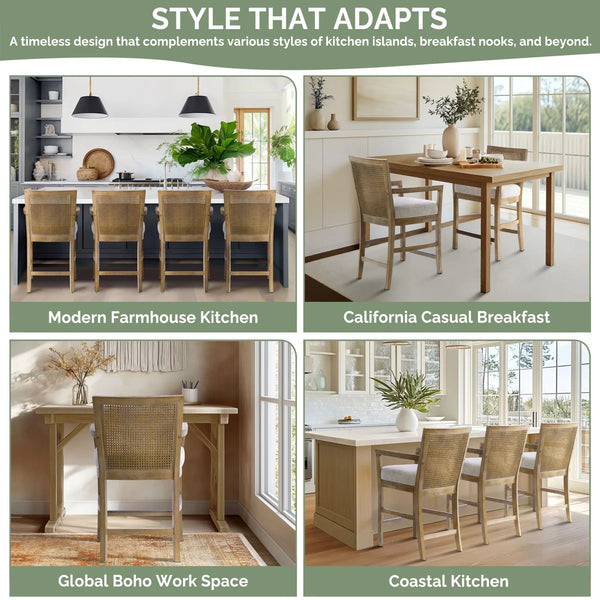 Jennette Reclaimed Natural Solid Wood Counter Stool with Cane Back  Wooden Bazar