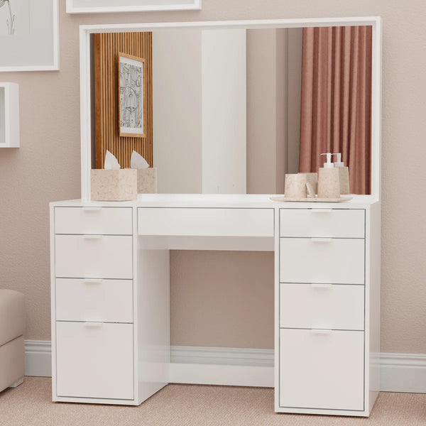 Kahari Modern Vanity Table with Mirror & 9 Drawers, 47.2"W Makeup Desk  Wooden Bazar