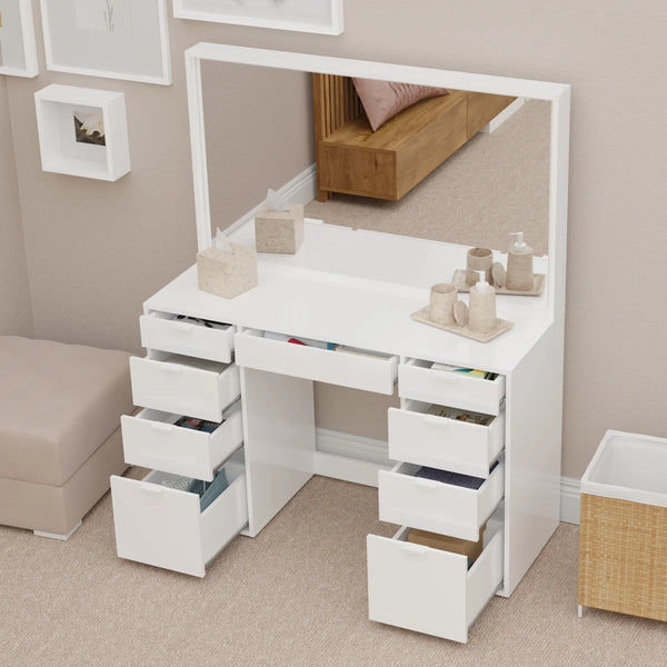 Kahari Modern Vanity Table with Mirror & 9 Drawers, 47.2"W Makeup Desk  Wooden Bazar