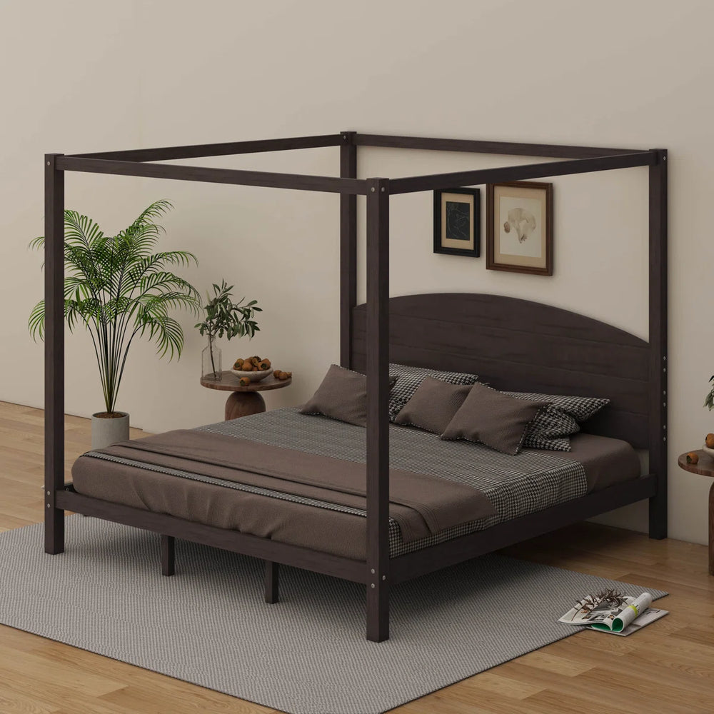 King-Size Solid Wood Canopy Platform Bed With Headboard And Support Legs