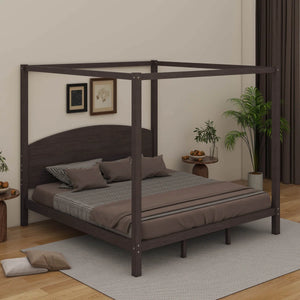 King-Size Solid Wood Canopy Platform Bed With Headboard And Support Legs