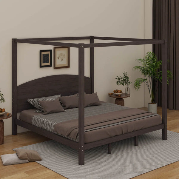 King-Size Solid Wood Canopy Platform Bed With Headboard And Support Legs
