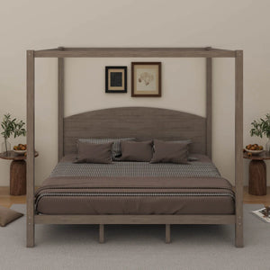 King-Size Solid Wood Canopy Platform Bed With Headboard And Support Legs