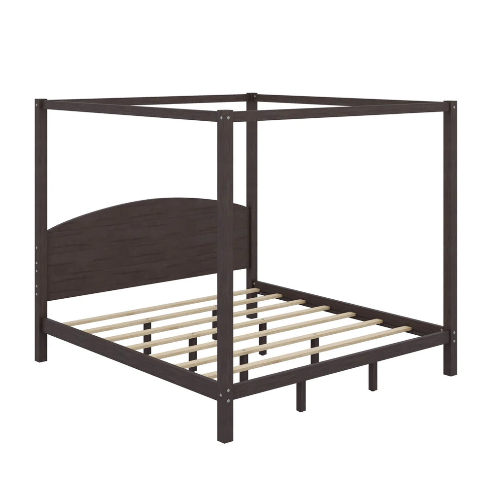 King-Size Solid Wood Canopy Platform Bed With Headboard And Support Legs