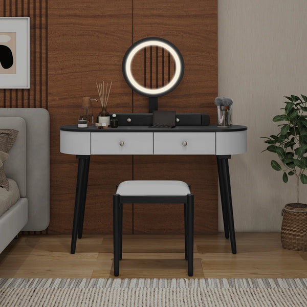 Kiree 4-Drawer Lighted Mirror Vanity Set with Stool  Wooden Bazar