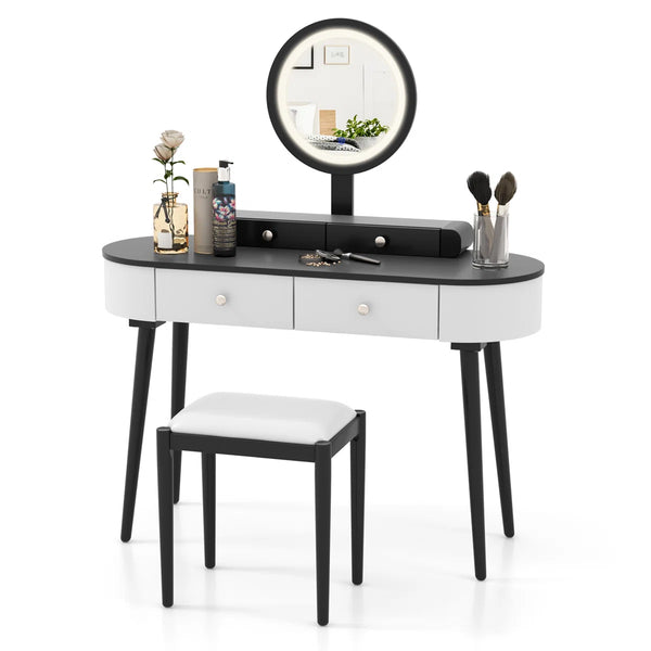 Kiree 4-Drawer Lighted Mirror Vanity Set with Stool  Wooden Bazar