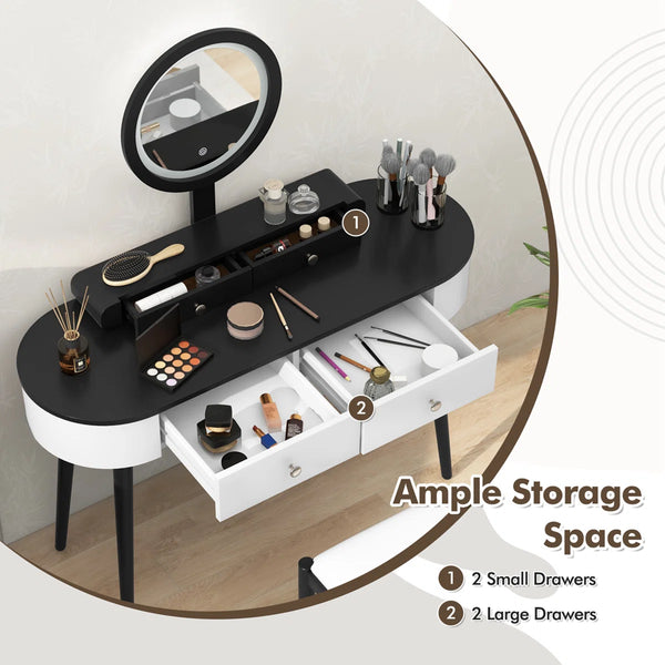 Kiree 4-Drawer Lighted Mirror Vanity Set with Stool  Wooden Bazar