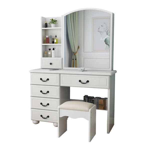 Modern Makeup Vanity Set with Mirror, Stool, 3-Color LED Lights & Drawers  Wooden Bazar