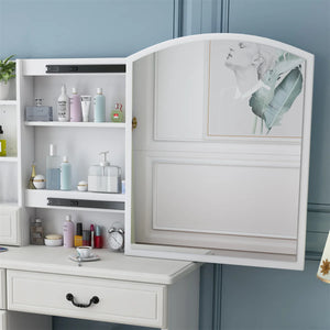 Modern Makeup Vanity Set with Mirror, Stool, 3-Color LED Lights & Drawers  Wooden Bazar