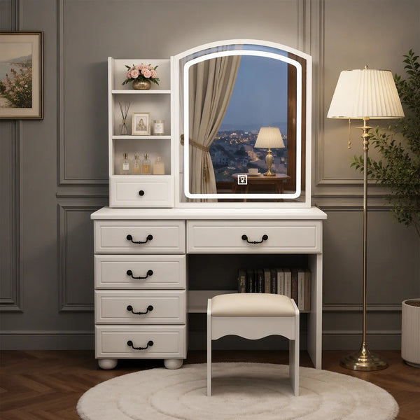 Modern Makeup Vanity Set with Mirror, Stool, 3-Color LED Lights & Drawers  Wooden Bazar