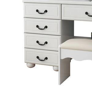 Modern Makeup Vanity Set with Mirror, Stool, 3-Color LED Lights & Drawers  Wooden Bazar