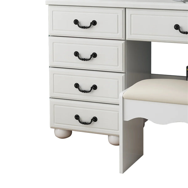 Modern Makeup Vanity Set with Mirror, Stool, 3-Color LED Lights & Drawers  Wooden Bazar