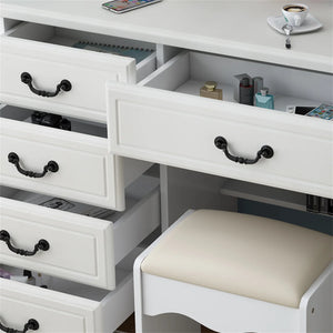 Modern Makeup Vanity Set with Mirror, Stool, 3-Color LED Lights & Drawers  Wooden Bazar