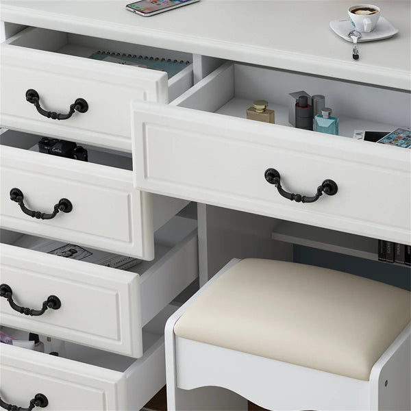 Modern Makeup Vanity Set with Mirror, Stool, 3-Color LED Lights & Drawers  Wooden Bazar