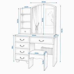 Modern Makeup Vanity Set with Mirror, Stool, 3-Color LED Lights & Drawers  Wooden Bazar