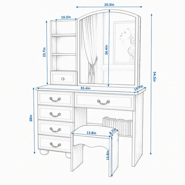 Modern Makeup Vanity Set with Mirror, Stool, 3-Color LED Lights & Drawers  Wooden Bazar