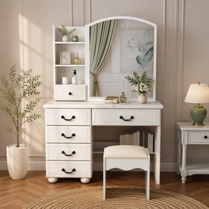Modern Makeup Vanity Set with Mirror, Stool, 3-Color LED Lights & Drawers  Wooden Bazar