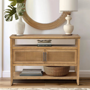 Naomi Wood Console Table with Natural Cane Storage Doors  Wooden Bazar