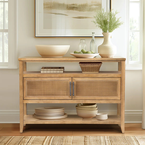 Naomi Wood Console Table with Natural Cane Storage Doors  Wooden Bazar