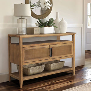 Naomi Wood Console Table with Natural Cane Storage Doors  Wooden Bazar