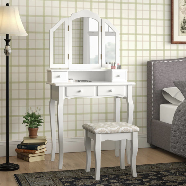 Llanes Solid & Manufactured Wood Vanity Set with Tri-Fold Mirror & Stool  Wooden Bazar