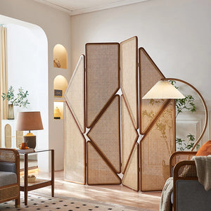 Vintage Solid Wood Rattan Folding Room Divider  Wooden Bazar