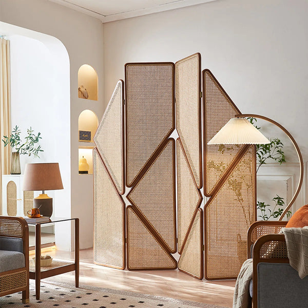 Vintage Solid Wood Rattan Folding Room Divider  Wooden Bazar
