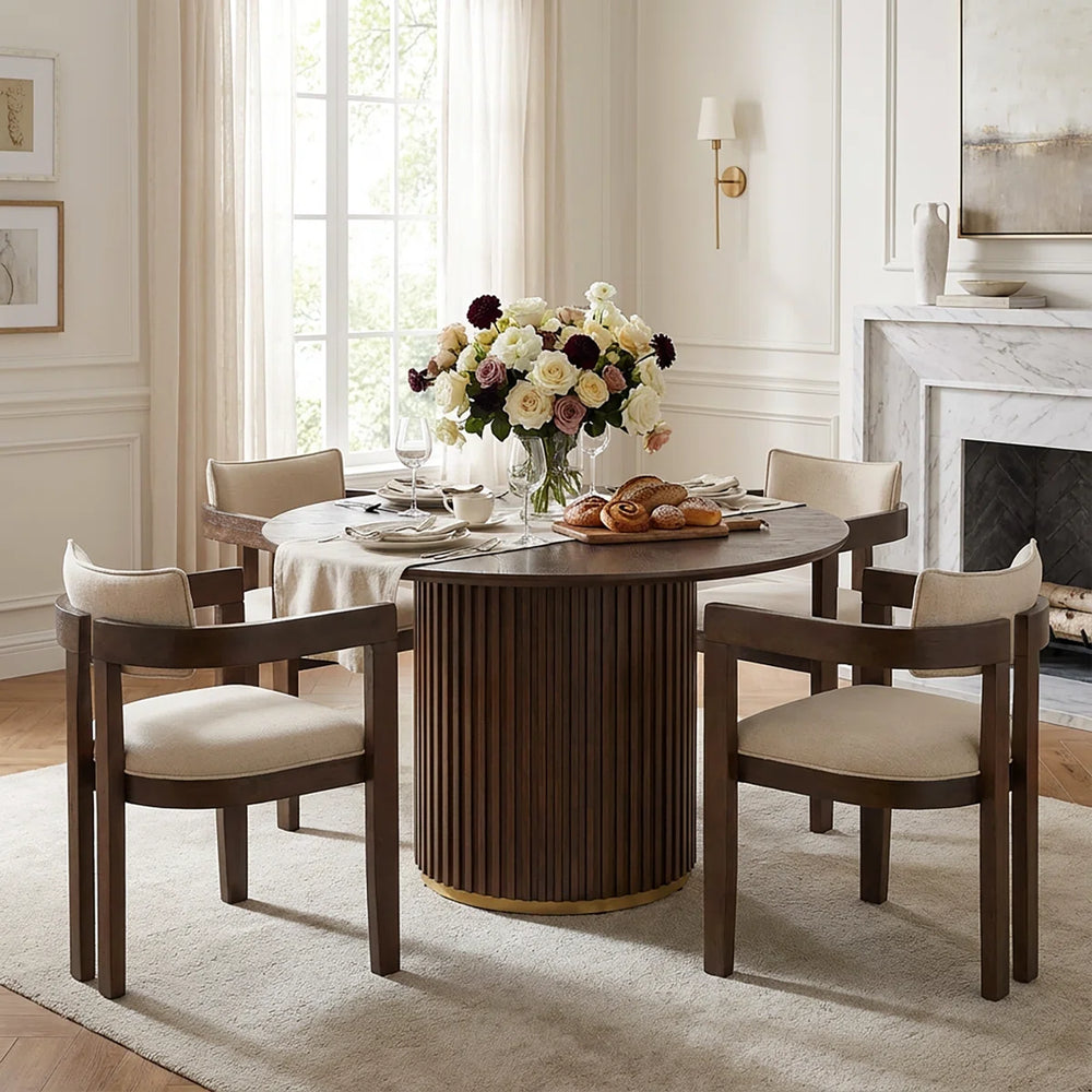4 Seater Round Pedestal Dining Table Set With Upholstered Chairs