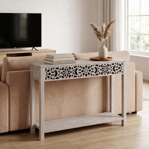 Traditional Console Table with Floral Fretwork and Lower Shelf  Wooden Bazar
