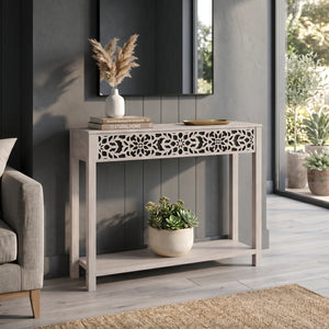 Traditional Console Table with Floral Fretwork and Lower Shelf  Wooden Bazar