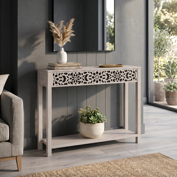 Traditional Console Table with Floral Fretwork and Lower Shelf  Wooden Bazar