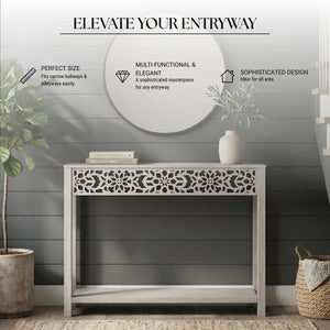 Traditional Console Table with Floral Fretwork and Lower Shelf  Wooden Bazar