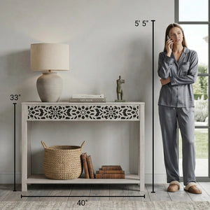 Traditional Console Table with Floral Fretwork and Lower Shelf  Wooden Bazar