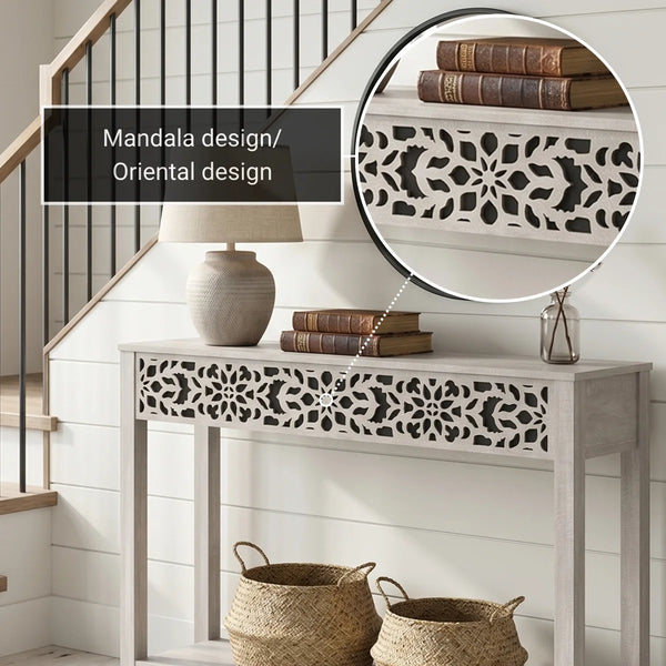 Traditional Console Table with Floral Fretwork and Lower Shelf  Wooden Bazar