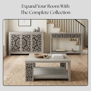 Traditional Console Table with Floral Fretwork and Lower Shelf  Wooden Bazar