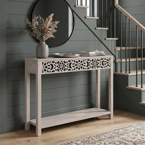 Traditional Console Table with Floral Fretwork and Lower Shelf  Wooden Bazar