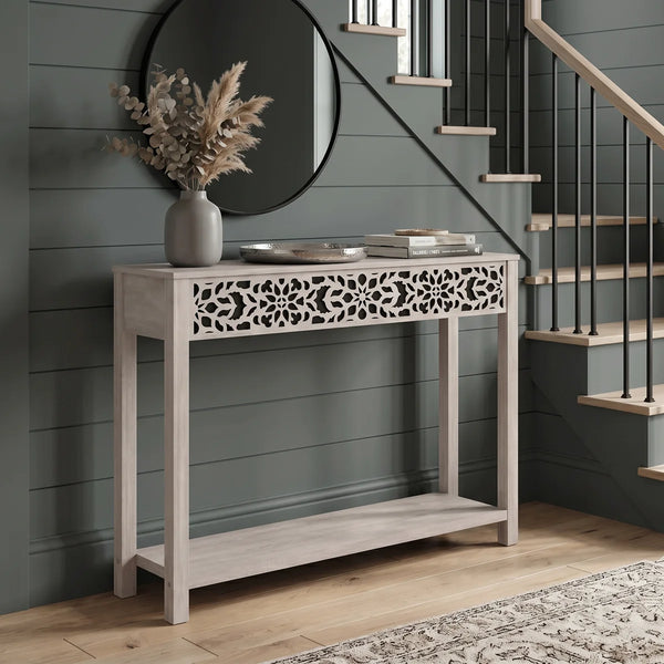 Traditional Console Table with Floral Fretwork and Lower Shelf  Wooden Bazar