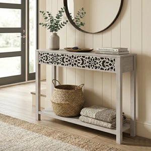 Traditional Console Table with Floral Fretwork and Lower Shelf  Wooden Bazar