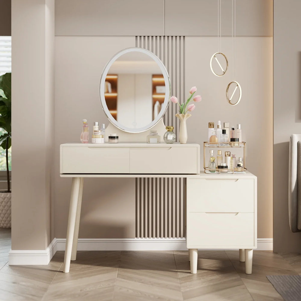 **Modern Makeup Vanity Desk with LED Mirror, Drawers, Storage Cabinet & Lights**  Wooden Bazar