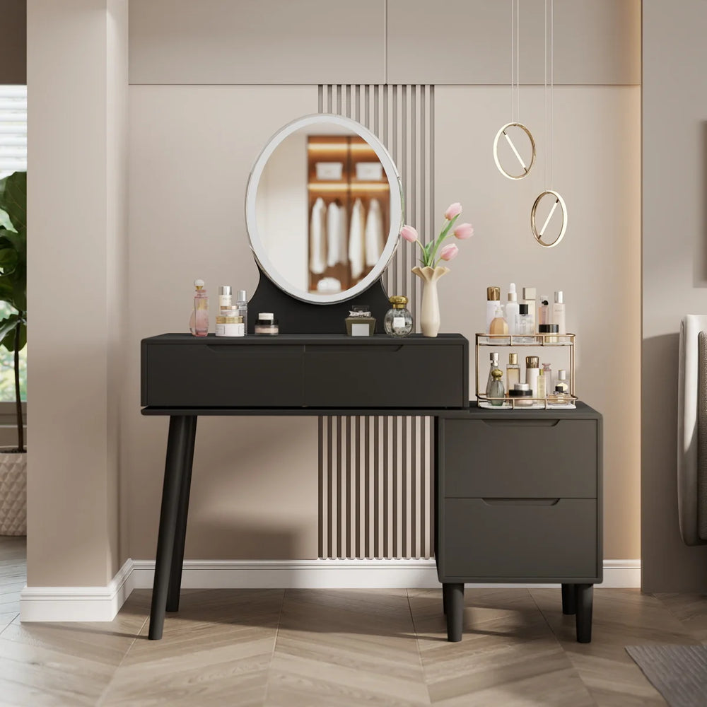 **Modern Makeup Vanity Desk with LED Mirror, Drawers, Storage Cabinet & Lights**  Wooden Bazar