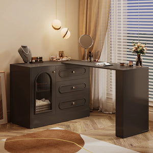 Ebern Designs Modern Makeup Vanity Desk with 3 Drawers & Cabinet, Corner Vanity with Shelf & Acrylic Door (Without Mirror)  Wooden Bazar