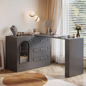 Ebern Designs Modern Makeup Vanity Desk with 3 Drawers & Cabinet, Corner Vanity with Shelf & Acrylic Door (Without Mirror)  Wooden Bazar