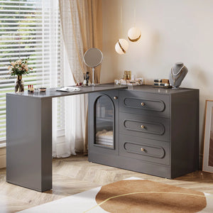Ebern Designs Modern Makeup Vanity Desk with 3 Drawers & Cabinet, Corner Vanity with Shelf & Acrylic Door (Without Mirror)  Wooden Bazar