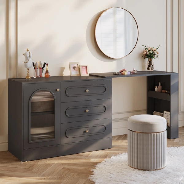 Ebern Designs Modern Makeup Vanity Desk with 3 Drawers & Cabinet, Corner Vanity with Shelf & Acrylic Door (Without Mirror)  Wooden Bazar