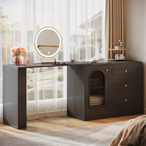 Ebern Designs Modern Makeup Vanity Desk with 3 Drawers & Cabinet, Corner Vanity with Shelf & Acrylic Door (Without Mirror)  Wooden Bazar