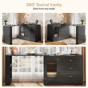 Ebern Designs Modern Makeup Vanity Desk with 3 Drawers & Cabinet, Corner Vanity with Shelf & Acrylic Door (Without Mirror)  Wooden Bazar